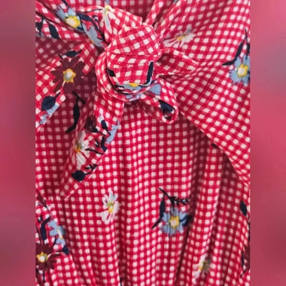 Medium Red & white gingham with floral dress, fabric ties in front on chest area - Picture 3 of 4